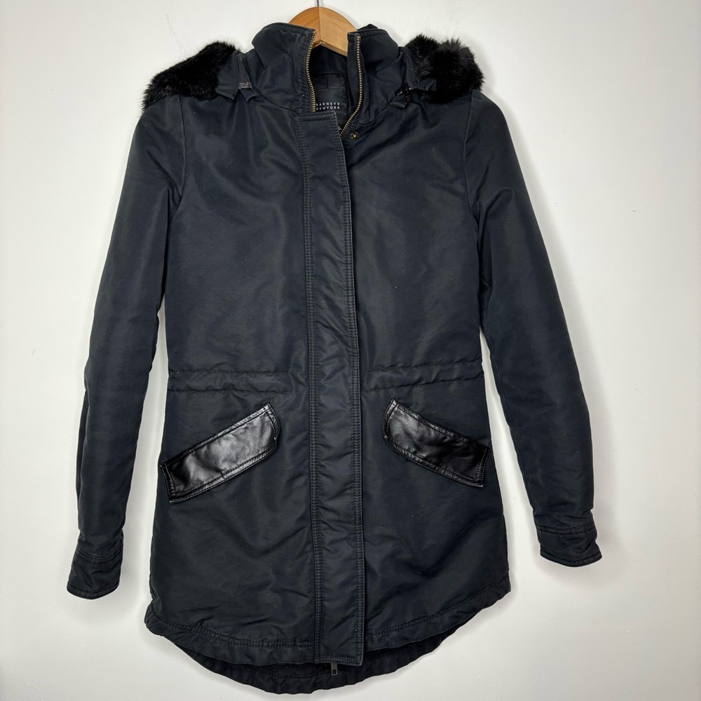 Barneys New York Women’s XS Black Winter Parka Coat Faux Fur Hood Quilted Zip - Picture 4 of 16